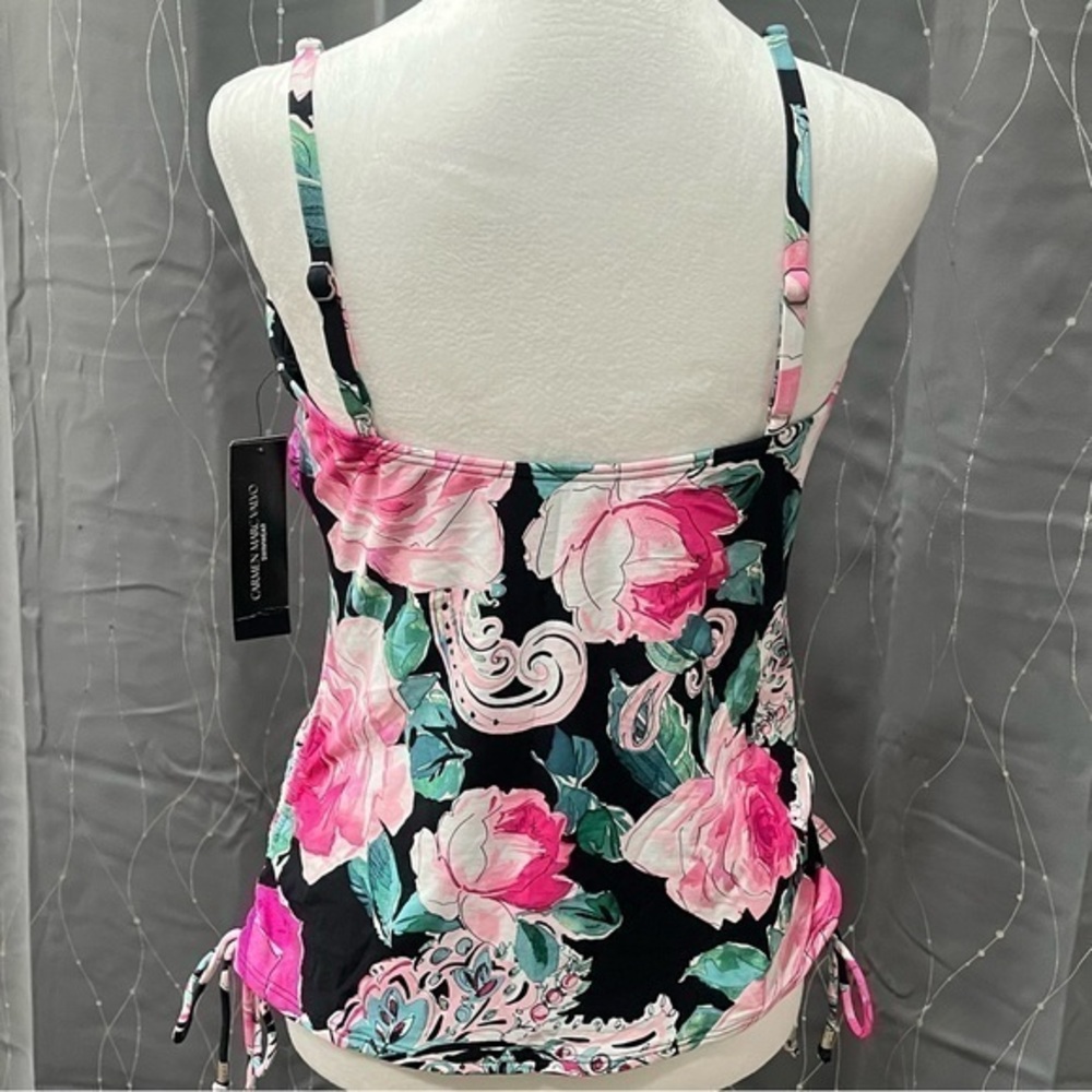 Carmen Marc Valvo Tankini Top Pink Floral Ruched Tie Side Corded Hem $110 C2H268 - Picture 4 of 16